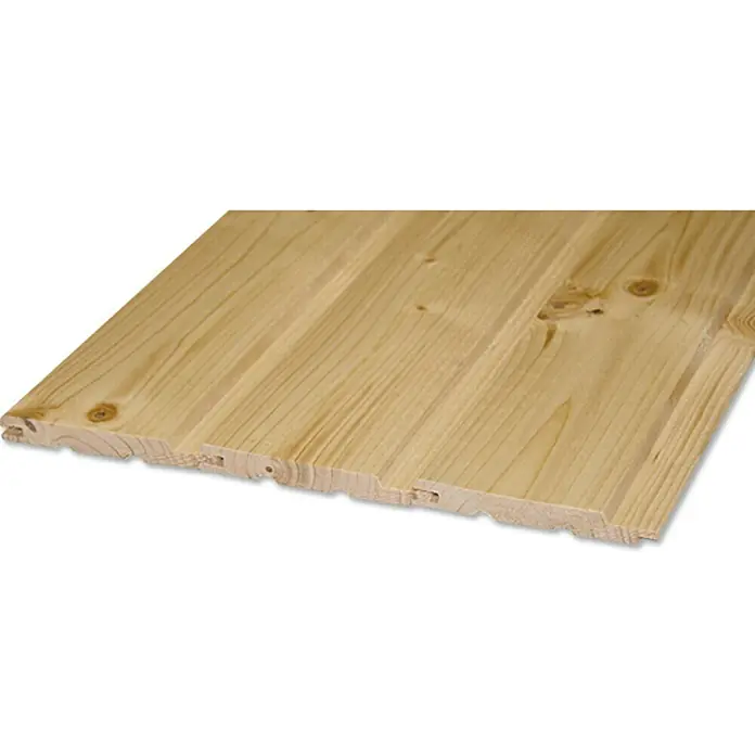 Profilholz - Fichte/Tanne, B-Sortierung, 400 x 9,6 x 1,25 cm - Nahaufnahme einer hellen Holzpaneele mit Nut- und Federverbindung, ideal für Wand- oder Deckenverkleidungen mit natürlicher Holzstruktur.