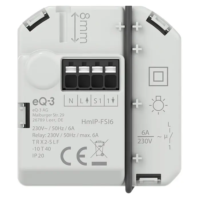 Homematic IP Aktor Schaltaktor mit Taster­­eingang (6 A) – Unterputz - Weiß - Ein weißes elektrisches Relaismodul mit schwarzen Anschlüssen (N, L, S1, 1) und Aufschriften wie 'HmIP-FSI6' und '230V/6A'.