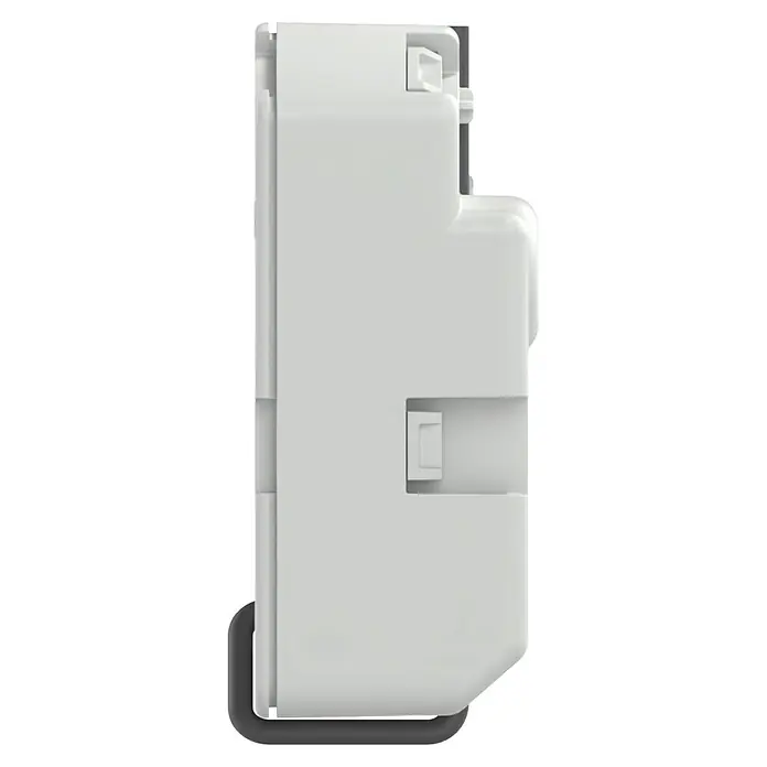 Homematic IP Aktor Schaltaktor (6 A) – Unterputz - Weiß - Weiße Seitenansicht eines Elektromoduls mit sichtbaren Befestigungsklammern und dunklem Sockel zur Schienenmontage.