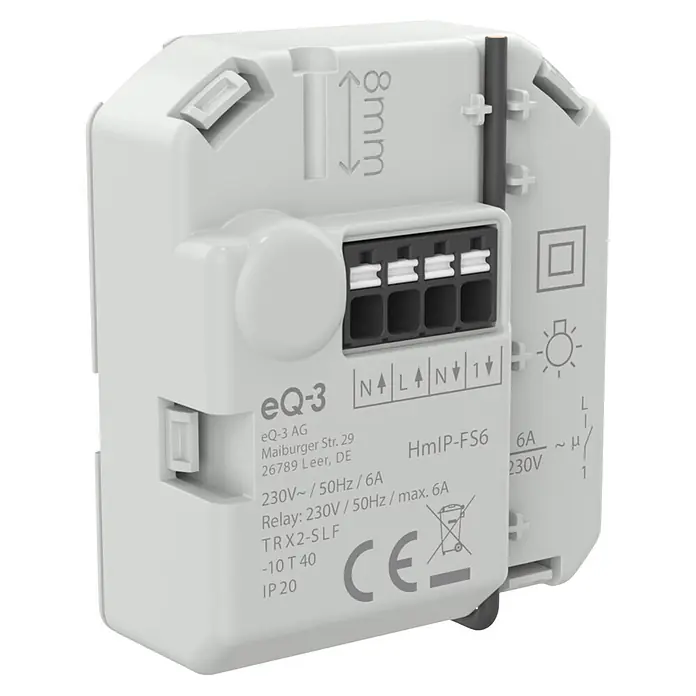 Homematic IP Aktor Schaltaktor (6 A) – Unterputz - Weiß - Hellgraues Smart Home Relais aus Kunststoff mit elektrischen Anschlüssen und technischen Daten.