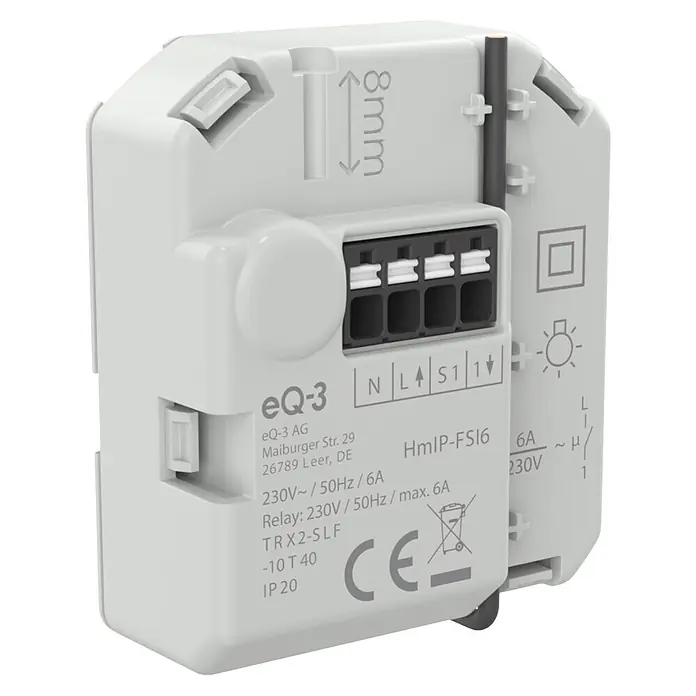 Homematic IP Aktor Schaltaktor mit Taster­­eingang (6 A) – Unterputz - Weiß - Hellgraues Homematic IP HmIP-FSI6 Smart-Home-Relaismodul mit Anschlussklemmen und technischen Daten.