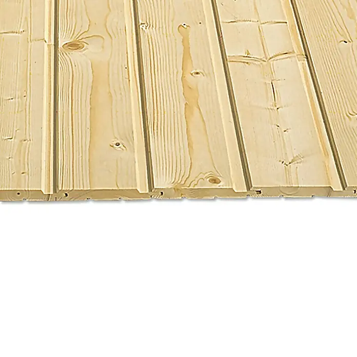 BAUHAUS Friso machihembrado - 3.000 x 96 x 12,5 mm - Primer plano de un panel de madera machihembrado, que destaca la veta y la textura naturales.