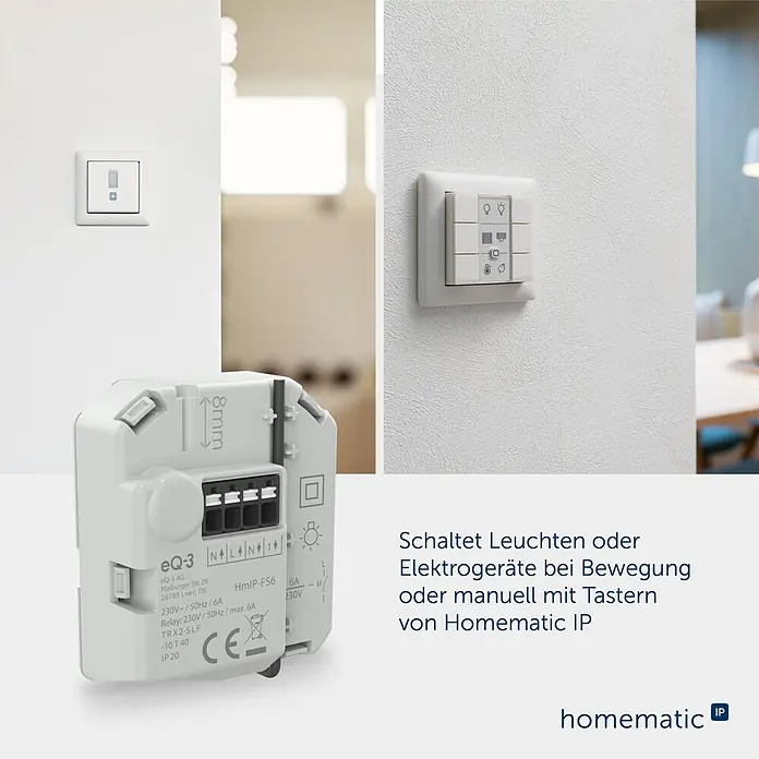 Homematic IP Aktor Schaltaktor (6 A) – Unterputz - Weiß - Weißes Homematic IP Relaismodul zur intelligenten Steuerung von Leuchten und Geräten, neben kompatiblen Smart-Wandschaltern dargestellt.