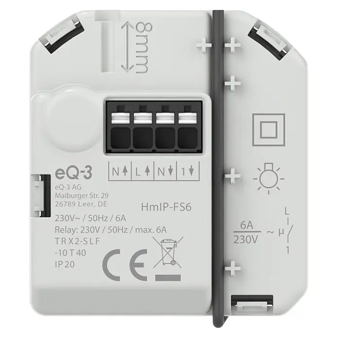 Homematic IP Aktor Schaltaktor (6 A) – Unterputz - Weiß - Ein weißes Smart-Home-Relaismodul mit Anschlussklemmen und aufgedruckten elektrischen Spezifikationen.