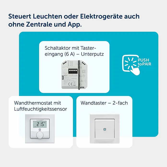 Homematic IP Aktor Schaltaktor mit Taster­­eingang (6 A) – Unterputz - Weiß - Weißer Smart-Home-Unterputz-Schaltaktor, Wandthermostat mit Luftfeuchtigkeitssensor und Doppeltaster zur Steuerung von Licht und Geräten.