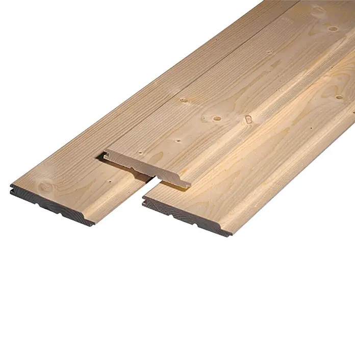 Friso machihembrado - 2.700 x 121 x 14 mm - Dos tablas de madera clara sin acabado con machihembrado, perfectas para revestimientos de paredes o techos, dando un aspecto natural.