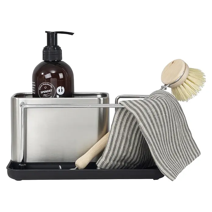 Wenko Spülbecken-Organizer - L x B x H: 12 x 21 x 10,5 cm - Spülbecken-Organizer aus Edelstahl mit Seifenspender, Spülbürste und gestreiftem Handtuch.