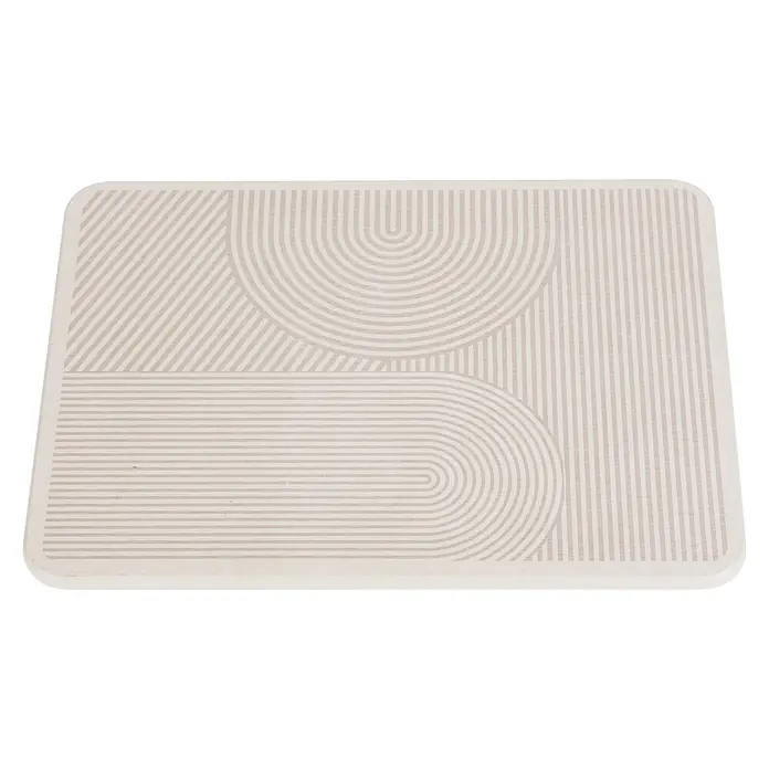 Wenko Abtropfmatte - 410 x 20 mm, Beige - Rechteckige hellbeige Matte mit abgerundeten Ecken und abstraktem geometrischem Muster aus Linien und Halbkreisen.