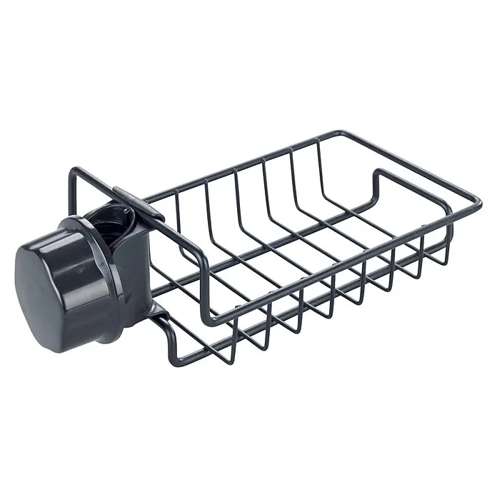 Wenko Spülbecken-Organizer - L x B x H: 21 x 10,5 x 7 cm - Dunkelgrauer Drahtkorb für die Spüle mit schwarzer Plastik-Saugnapfhalterung, für Schwämme oder Bürsten.