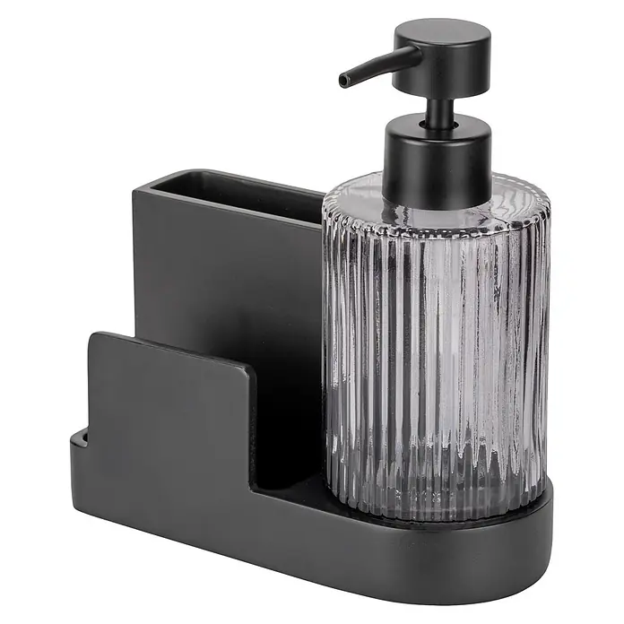 Wenko Spülbecken-Organizer Pina - L x B x H: 160 x 75 x 170 mm, Schwarz - Schwarzer Seifenspender mit gerippter Klarglasflasche in passendem schwarzen Organizer-Caddy.