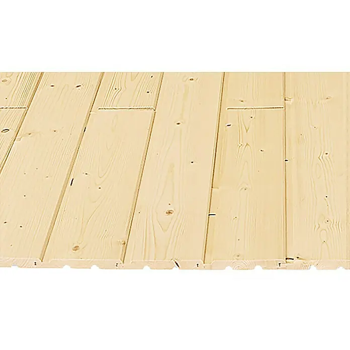 Friso machihembrado - 2.700 x 121 x 14 mm - Paneles de madera clara con juntas machihembradas, ideales para revestimiento de paredes o techos. La veta natural de la madera aporta calidez.