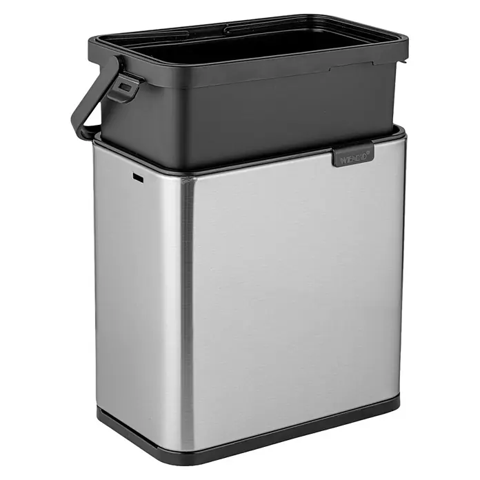 Wenko Standard-Mülleimer - Silber, Edelstahl - Moderner rechteckiger Edelstahl-Abfalleimer mit herausnehmbarem schwarzem Kunststoffeinsatz und Griff.