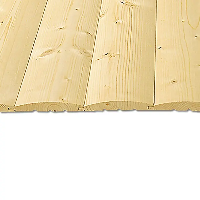 Blockhausprofil - Fichte/Tanne, L x B: 3.000 x 121 mm - Helle Holzpaneele mit natürlicher Maserung und Nut-Feder-Verbindung für Wand- oder Deckenverkleidung. Perfekt für rustikale Innenräume.