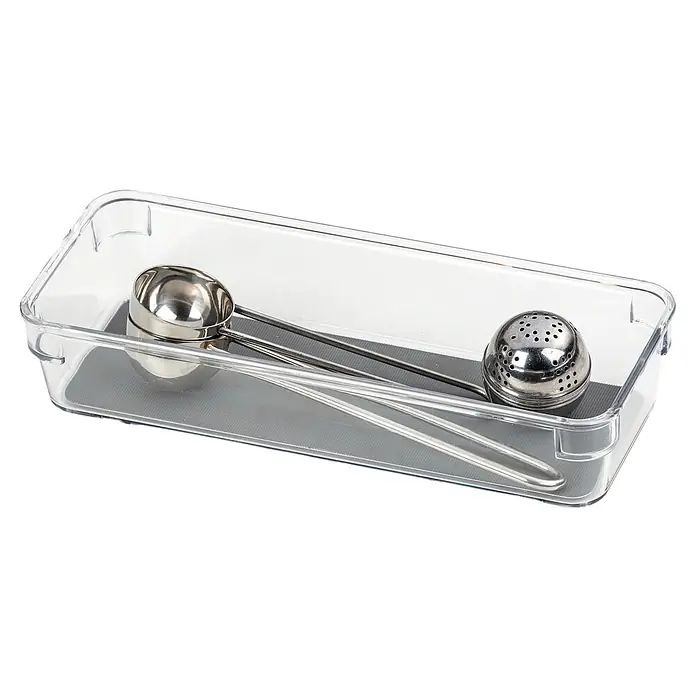 Wenko Schubladeneinsatz - L x B x H: 232 x 93 x 45 mm, Grau - Transparenter Schubladen-Organizer aus Kunststoff mit Messlöffeln und Tee-Ei aus Edelstahl.