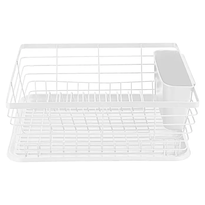 Wenko Geschirrkorb - L x B x H: 360 x 300 x 150 mm, Metall - Weißes Abtropfgestell aus Draht mit integriertem Besteckhalter.
