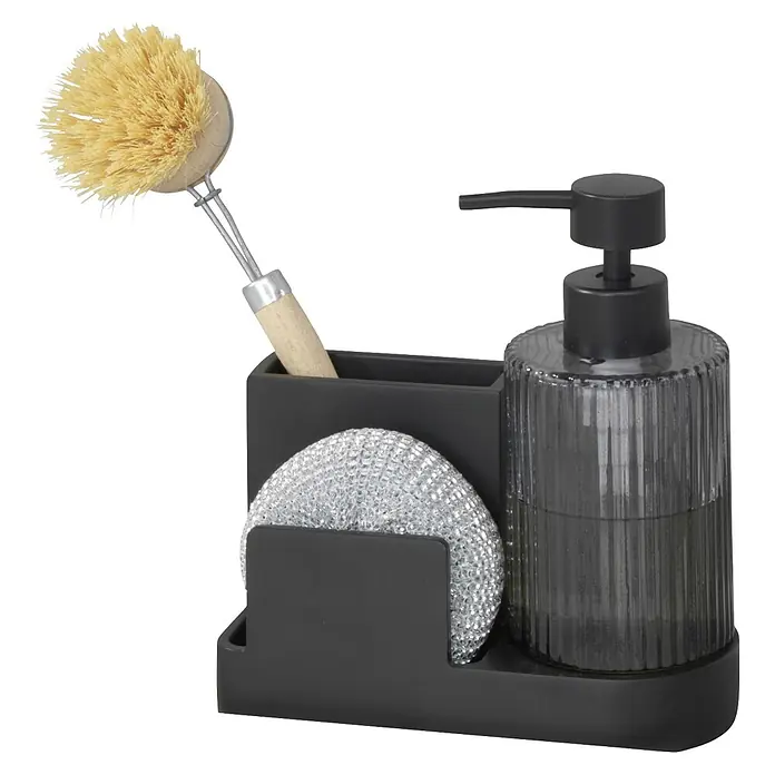 Wenko Spülbecken-Organizer Pina - L x B x H: 160 x 75 x 170 mm, Schwarz - Dunkelgrauer Spülbecken-Organizer mit gerilltem Seifenspender, Spülbürste und silbernem Topfreiniger.