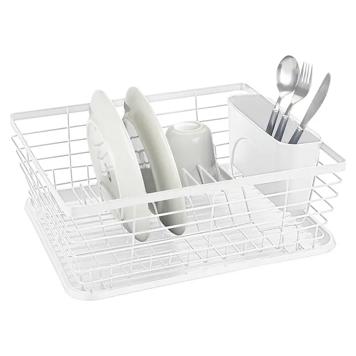 Wenko Geschirrkorb - L x B x H: 360 x 300 x 150 mm, Metall - Weißes Geschirrabtropfgestell mit Tellern, Tasse und Besteck.