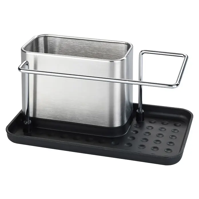 Wenko Spülbecken-Organizer - L x B x H: 12 x 21 x 10,5 cm - Spülbecken-Organizer aus Edelstahl mit schwarzer Kunststoff-Ablageschale und Seitenhalterung.