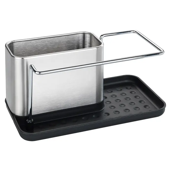 Wenko Spülbecken-Organizer - L x B x H: 12 x 21 x 10,5 cm - Edelstahl Spülbecken-Organizer mit Chrom-Hängestange und schwarzer Tropfschale. Für Schwämme und Bürsten.