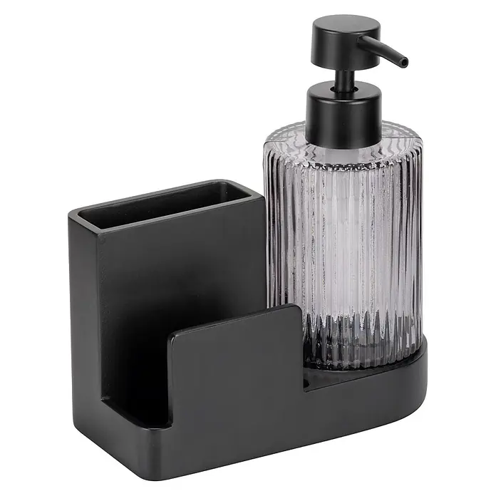 Wenko Spülbecken-Organizer Pina - L x B x H: 160 x 75 x 170 mm, Schwarz - Schwarzes Seifenspender-Set mit geripptem Glasdispenser und Pumpe, inklusive integriertem Ablagefach.