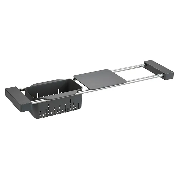 Wenko Spülbecken-Organizer - L x B x H: 14 x 43,5 x 8 cm, Grau - Grauer, verstellbarer Spülbecken-Caddy mit gelochtem Korb und Ablage auf Metallstangen zur Spülbeckenorganisation.