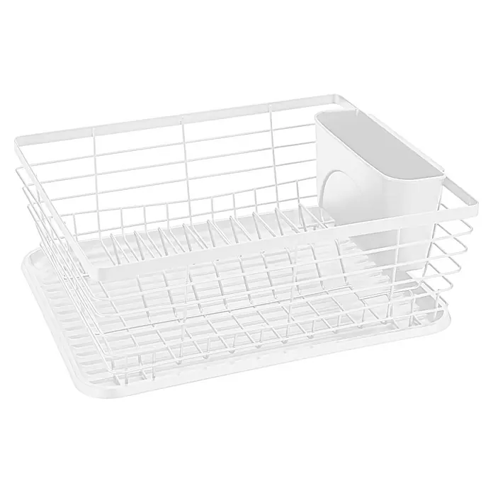 Wenko Geschirrkorb - L x B x H: 360 x 300 x 150 mm, Metall - Weißes Draht-Geschirrtrockengestell mit abnehmbarem Plastik-Besteckhalter.