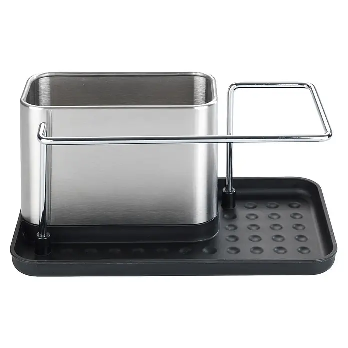 Wenko Spülbecken-Organizer - L x B x H: 12 x 21 x 10,5 cm - Edelstahl Spülbecken-Organizer mit schwarzer Abtropfschale für Schwämme und Bürsten.