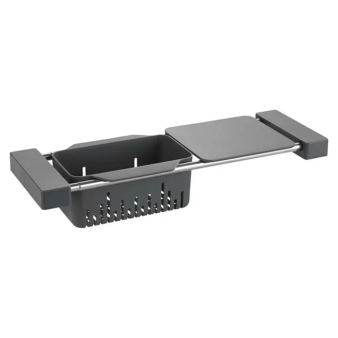 Wenko Spülbecken-Organizer - L x B x H: 14 x 43,5 x 8 cm, Grau - Grauer ausziehbarer Spülbecken-Organizer mit gelochtem Abtropfkorb und flacher Ablage.