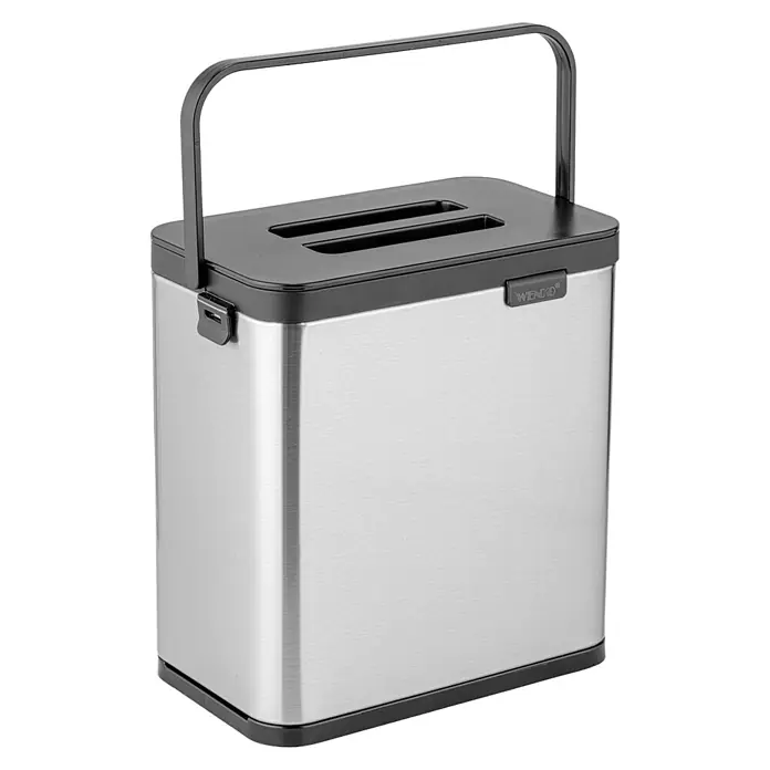 Wenko Standard-Mülleimer - Silber, Edelstahl - Rechteckige Aufbewahrungsbox aus Edelstahl mit schwarzem Deckel, zwei Schlitzen und klappbarem Griff.