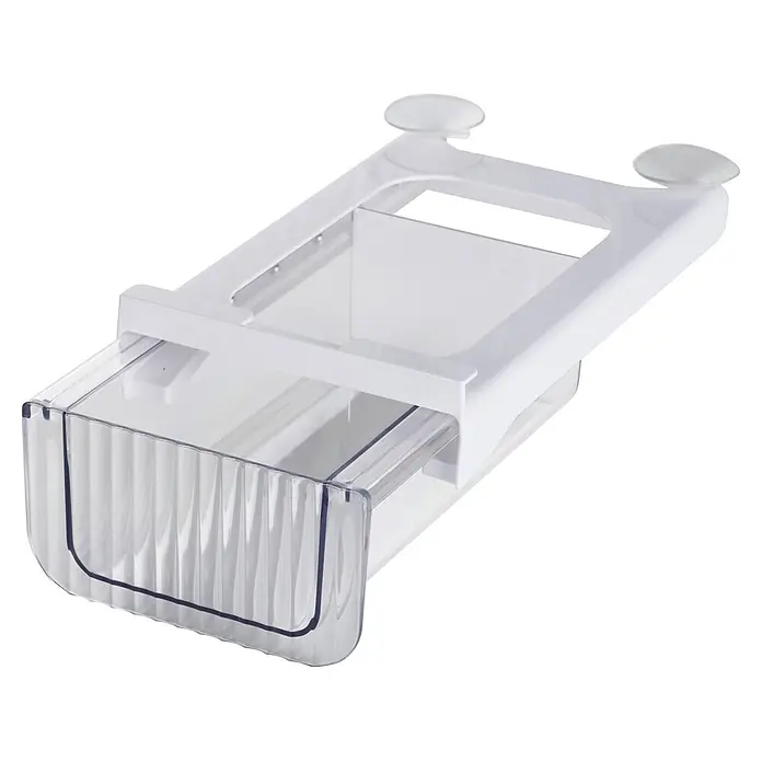 Wenko Kühlschrankorganizer - 280 x 170 x 107 mm, Transparent - Ausziehbare transparente Kunststoffschublade mit weißem Rahmen und Saugnäpfen zur Unterregallagerung.