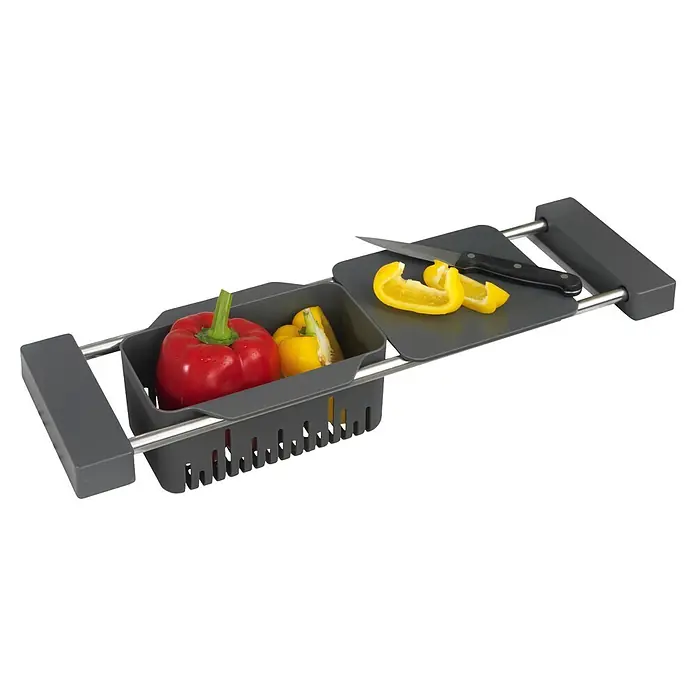 Wenko Spülbecken-Organizer - L x B x H: 14 x 43,5 x 8 cm, Grau - Dunkelgraues verstellbares Spülbecken-Sieb- und Schneidebrett-Set mit Paprika und Messer.