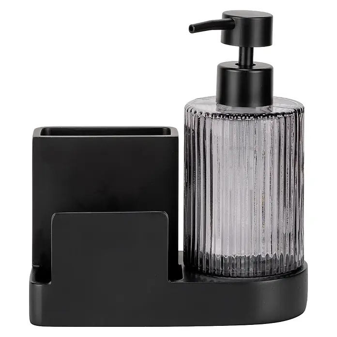 Wenko Spülbecken-Organizer Pina - L x B x H: 160 x 75 x 170 mm, Schwarz - Schwarzer Organizer mit geripptem, transparentem Seifenspender aus Glas und schwarzer Pumpe.
