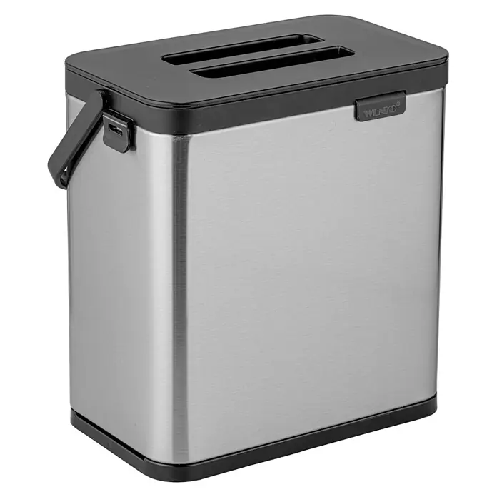 Wenko Standard-Mülleimer - Silber, Edelstahl - Brotkasten aus Edelstahl mit schwarzem Deckel, zwei Schlitzen und seitlichem Griff.