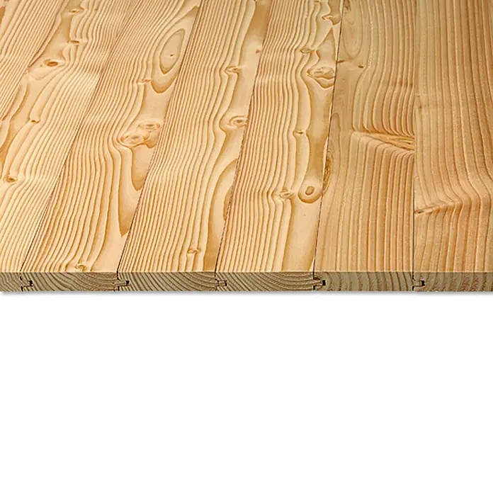 Rauhspund - Douglasie, 3.000 x 96 x 21 mm - Nahaufnahme von Holzpaneelen mit Maserung, die ein warmes, natürliches Aussehen und eine attraktive Textur für Inneneinrichtungsprojekte bieten.