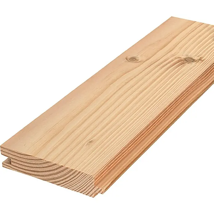Rauhspund - Fichte, 3.000 x 116 x 19 mm - Detailaufnahme eines einzelnen Nut-und-Feder-Holzbretts, das die Holzmaserung und die Textur hervorhebt.