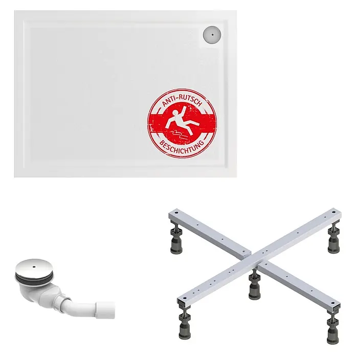 Interpromo Duschwannen-Set Adria 120 x 90 Antirutsch Duschwanne mit Fußgestell - L x B: 120 x 90 cm, Sonstiges, Weiß, Standfüße, Rutschsicherheitsklasse C - Weiße Antirutsch-Duschwanne mit Chromablauf und verstellbarem Untergestell.