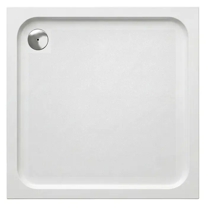 Interpromo Duschwannen-Set Adria 80 x 80 Antirutsch Duschwanne mit Fußgestell - L x B: 80 x 80 cm, Sonstiges, Weiß, Standfüße, Rutschsicherheitsklasse C - Weiße quadratische Antirutsch-Duschwanne mit Chromablauf in der Ecke.