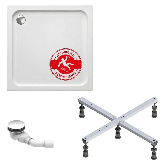 Interpromo Duschwannen-Set Adria 100 x 80 Antirutsch Duschwanne mit Fußgestell - L x B: 100 x 80 cm, Sonstiges, Weiß, Standfüße, Rutschsicherheitsklasse C - Weiße quadratische Duschwanne mit Anti-Rutsch-Beschichtung, Chromablauf und verstellbarem Metall-Untergestell.