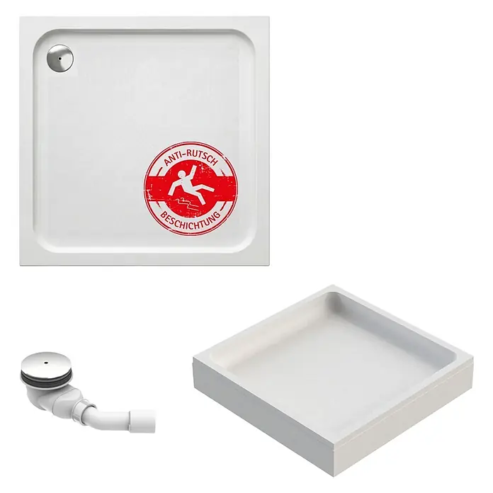 Interpromo Duschwannen-Set Adria 90 x 90 Antirutsch Duschwanne mit Wannenträger - L x B: 90 x 90 cm, Sonstiges, Weiß, Wannenträger, Rutschsicherheitsklasse C - Weiße quadratische Duschwanne mit Antirutsch-Beschichtung und Chromablauf.