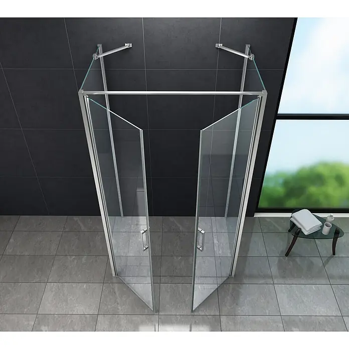 Glasdeals U-Duschkabine SYSTEMS 90 x 90 cm - 90 x 90 cm, Beschichtet, Klarglas / Chrom - Glasduschkabine mit Chromrahmen und zwei angeschrägten Türen in einem modernen Badezimmer.