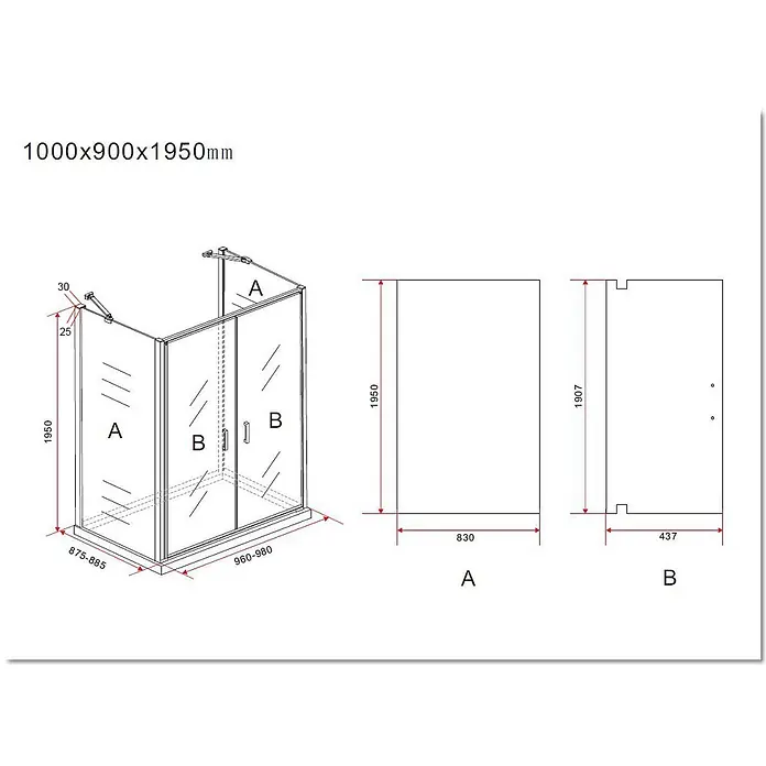 Glasdeals U-Duschkabine SYSTEMS 100 x 90 cm - 100 x 90 cm, Beschichtet, Klarglas / Chrom - Technische Zeichnung einer Duschkabine, 1000x900x1950mm, mit festen Glaspaneelen und Schiebetüren, inkl. detaillierter Maße.