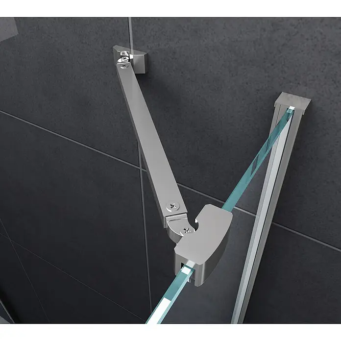 Glasdeals U-Duschkabine SYSTEMS 90 x 90 cm - 90 x 90 cm, Beschichtet, Klarglas / Chrom - Dusch-Stabilisierungsstange aus gebürstetem Metall, die eine Glasplatte mit einer dunklen Fliesenwand verbindet.