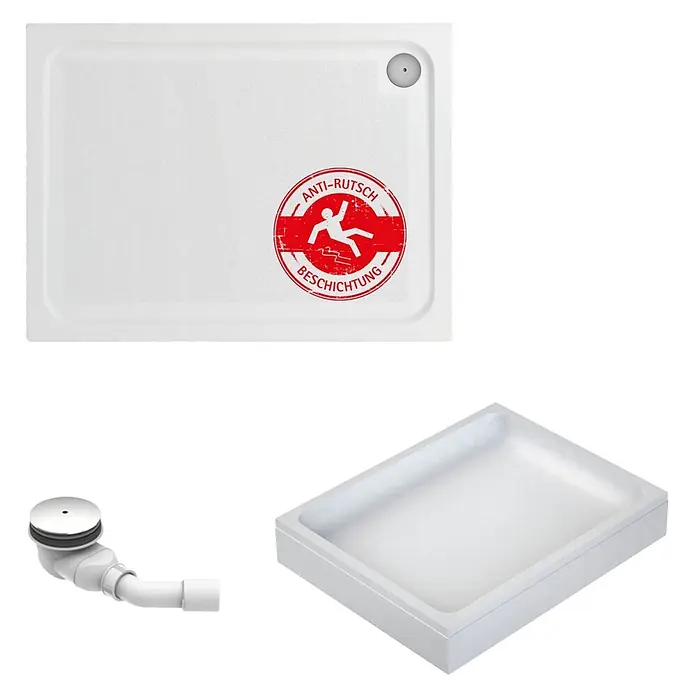 Interpromo Duschwannen-Set Adria 100 x 80 Antirutsch Duschwanne mit Wannenträger - L x B: 100 x 80 cm, Sonstiges, Weiß, Wannenträger, Rutschsicherheitsklasse C - Weiße Duschwanne mit Antirutschbeschichtung und inklusivem Chrom/Weiß-Ablauf.