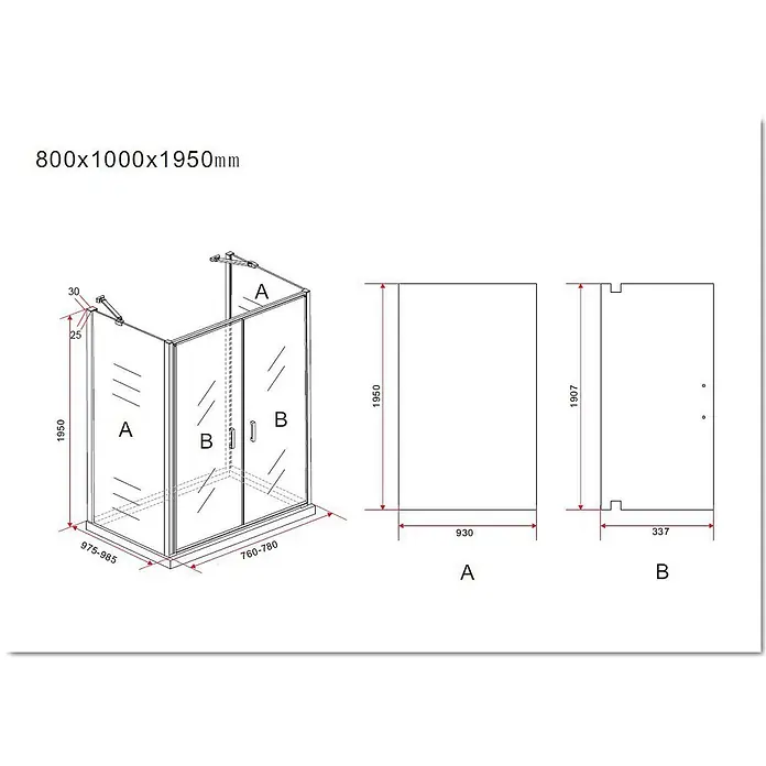 Glasdeals U-Duschkabine SYSTEMS 80 x 100 cm - 80 x 100 cm, Beschichtet, Klarglas / Chrom - Eckduschkabine aus Klarglas mit silberfarbenem Rahmen, detaillierte Abmessungen dargestellt.