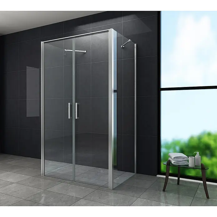 Glasdeals U-Duschkabine SYSTEMS 90 x 90 cm - 90 x 90 cm, Beschichtet, Klarglas / Chrom - Walk-in Duschkabine aus Klarglas mit silberfarbenem Rahmen und Griffen in einem modernen Badezimmer.