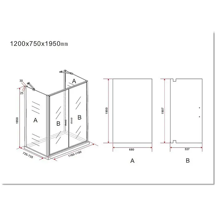 Glasdeals U-Duschkabine SYSTEMS 120 x 75 cm - 120 x 75 cm, Beschichtet, Klarglas / Chrom - Eckduschkabine mit Schiebetüren und detaillierten Maßen 1200x750x1950mm.