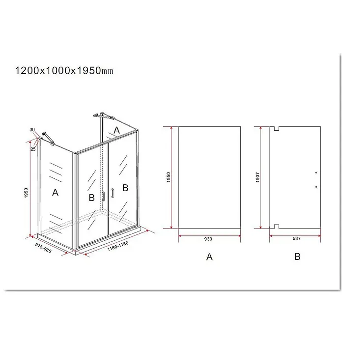 Glasdeals U-Duschkabine SYSTEMS 120 x 100 cm - 120 x 100 cm, Beschichtet, Klarglas / Chrom - Duschkabine aus Klarglas mit Chromprofilen und detaillierten Maßen für Paneele und Schiebetüren.