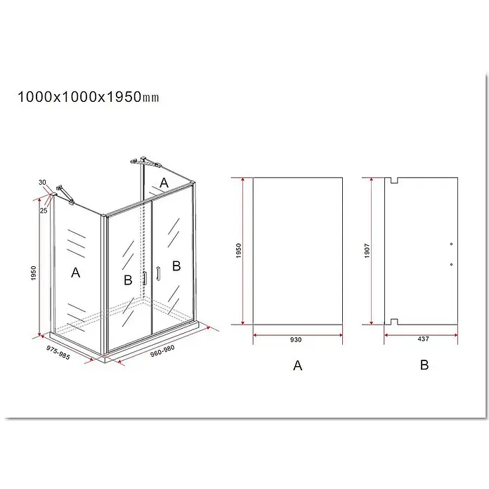Glasdeals U-Duschkabine SYSTEMS 100 x 100 cm - 100 x 100 cm, Beschichtet, Klarglas / Chrom - Technische Zeichnung einer 1000x1000x1950mm Eckduschkabine mit Glaspaneelen und Metallrahmen, Maße angegeben.