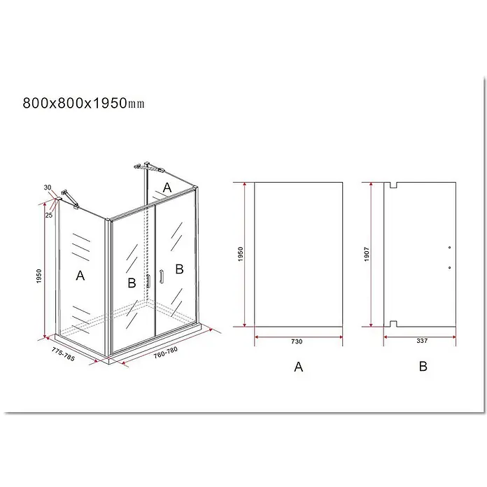 Glasdeals U-Duschkabine SYSTEMS 80 x 80 cm - 80 x 80 cm, Beschichtet, Klarglas / Chrom - Technische Zeichnung einer 800x800x1950mm Eckduschkabine mit Klarglas und Metallrahmen, zeigt Maße und Paneeldetails.