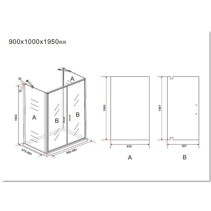 Glasdeals U-Duschkabine SYSTEMS 90 x 100 cm - 90 x 100 cm, Beschichtet, Klarglas / Chrom - Technische Zeichnung einer Eckduschkabine mit detaillierten Maßen.